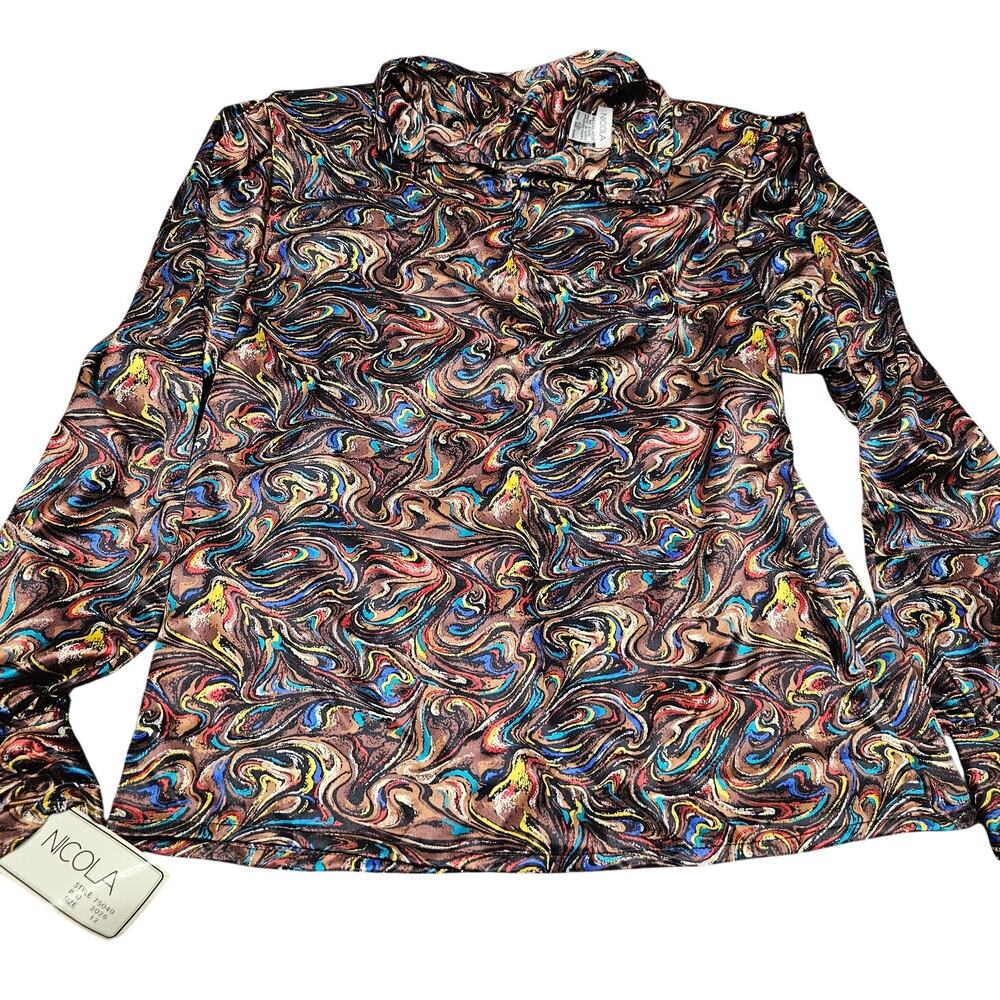 NWT Nicola Blouse Sz 12 Multicolor Swirl Print Satin‎ Top Paisley Made Korea Vtg